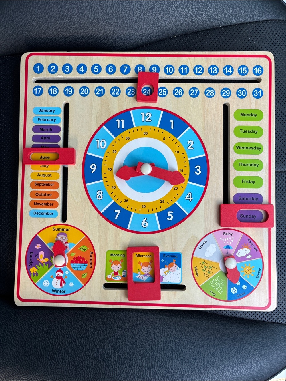 Wooden Kids Learning Clock - Blue & Red Educational Activity Board